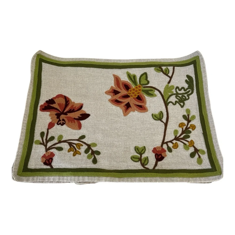 Williams Sonoma Crewel Embroidered Autumn Flowers Linen Placemats Set of 5